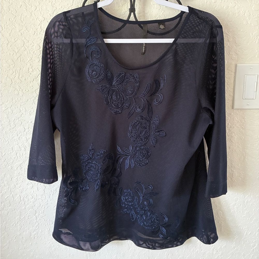 Skye’s the Limit Top L Black Mesh Embroidered Floral Sheer Dressy Soft Goth